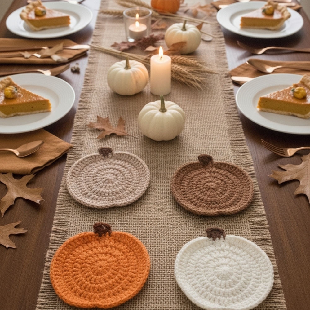 Crochet Pumpkin Coasters Set - Orange, Brown, Cream